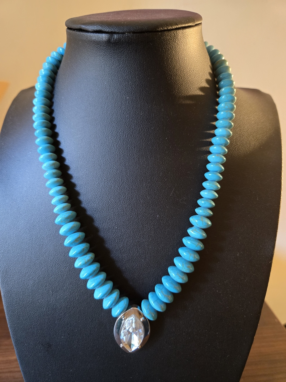 Turquoise Bead Necklace with Crystal Pendant - Women Jewelry